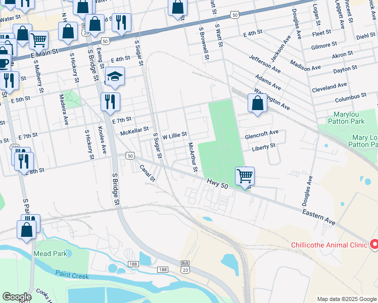 map of restaurants, bars, coffee shops, grocery stores, and more near 469 Stanley Street in Chillicothe