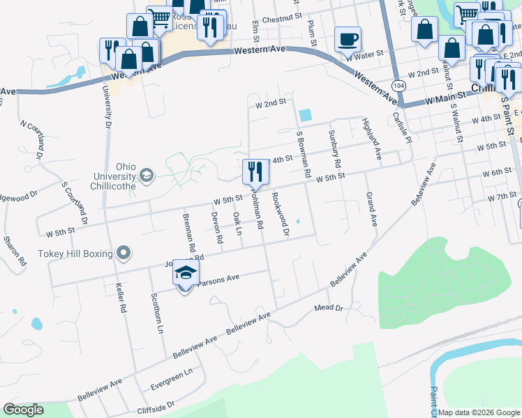 map of restaurants, bars, coffee shops, grocery stores, and more near 327 Pohlman Road in Chillicothe