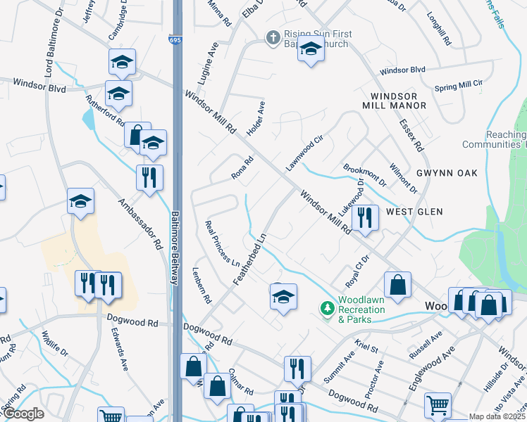 map of restaurants, bars, coffee shops, grocery stores, and more near 2020 Featherbed Lane in Baltimore
