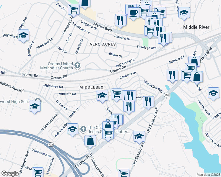 map of restaurants, bars, coffee shops, grocery stores, and more near 225 Orville Road in Essex