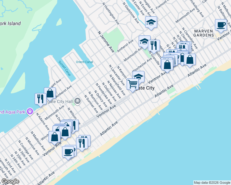 map of restaurants, bars, coffee shops, grocery stores, and more near 6 North Nassau Avenue in Margate City