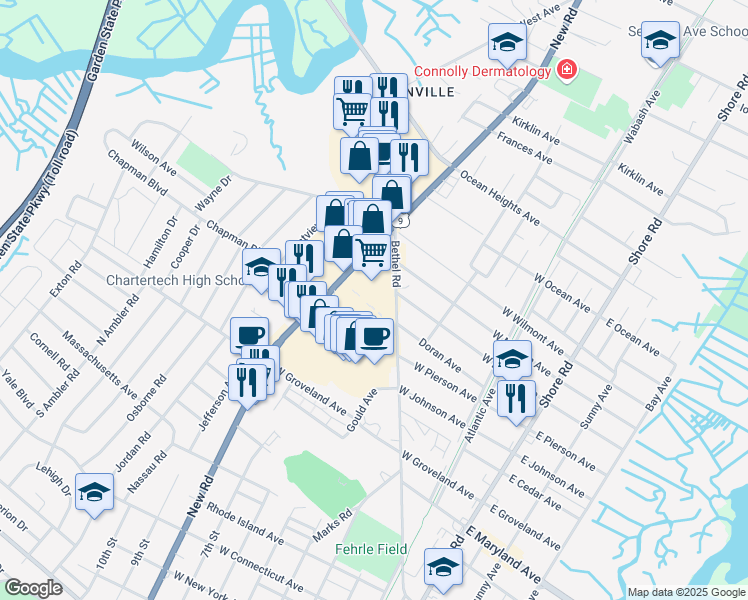 map of restaurants, bars, coffee shops, grocery stores, and more near 236 Bethel Road in Somers Point