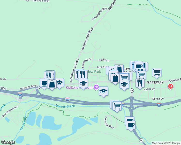 map of restaurants, bars, coffee shops, grocery stores, and more near 10115 Donner Trail Road in Truckee