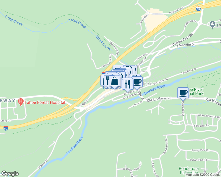 map of restaurants, bars, coffee shops, grocery stores, and more near 10157 Donner Pass Road in Truckee
