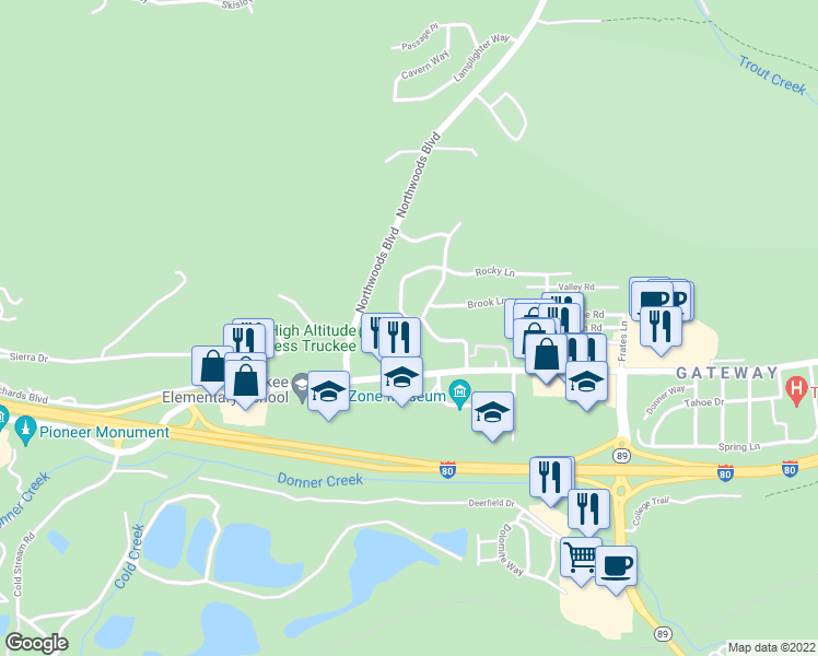 map of restaurants, bars, coffee shops, grocery stores, and more near 10130 Donner Trail Road in Truckee