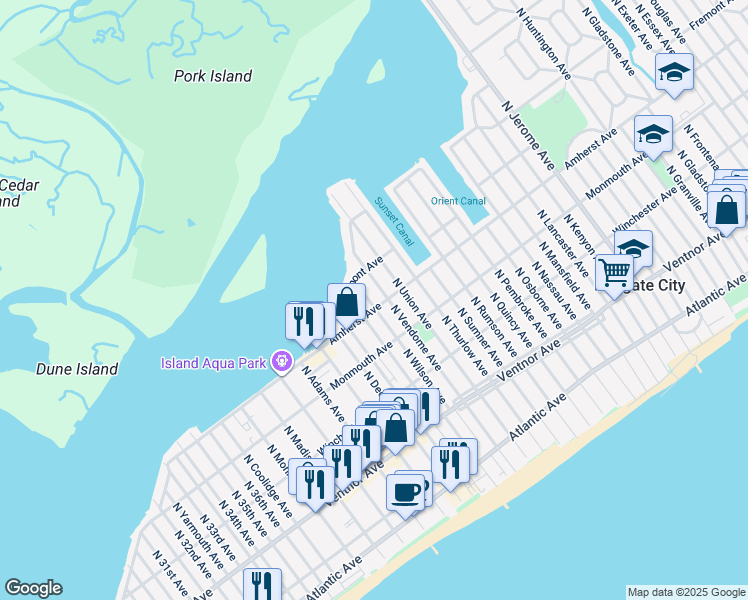 map of restaurants, bars, coffee shops, grocery stores, and more near 303 North Harding Avenue in Margate City