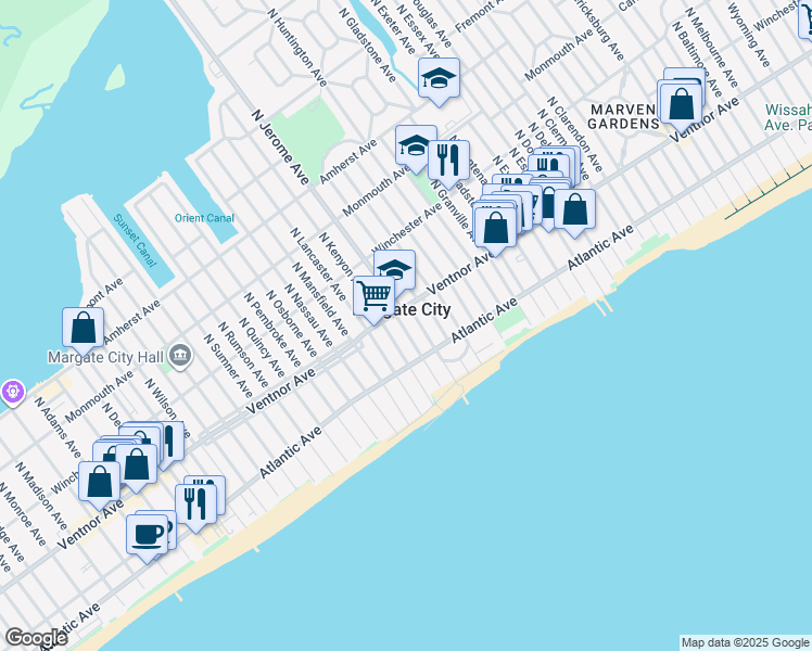 map of restaurants, bars, coffee shops, grocery stores, and more near 11 South Kenyon Avenue in Margate City