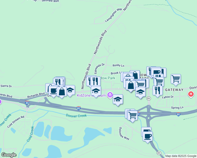 map of restaurants, bars, coffee shops, grocery stores, and more near 10130 Donner Trail Road in Truckee