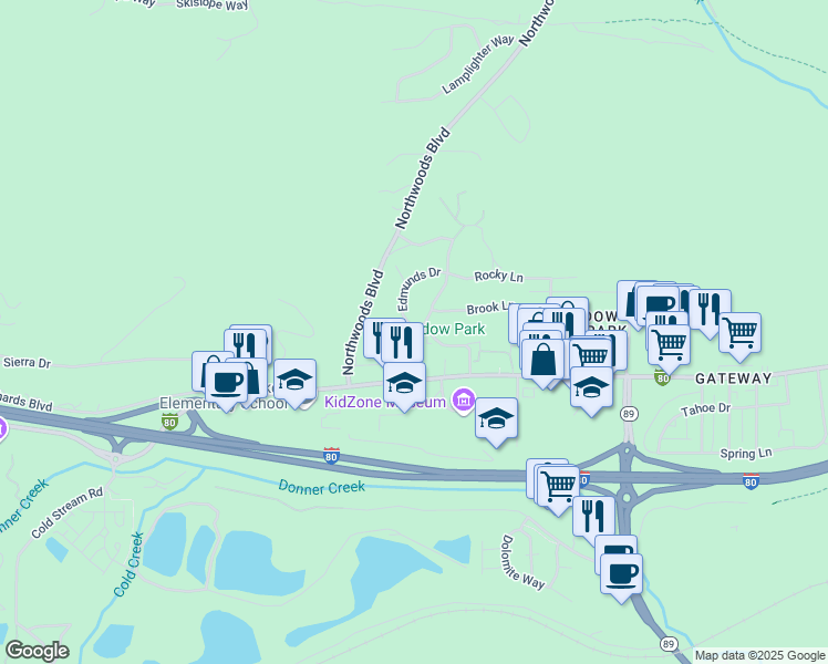 map of restaurants, bars, coffee shops, grocery stores, and more near 10130 Donner Trail Road in Truckee