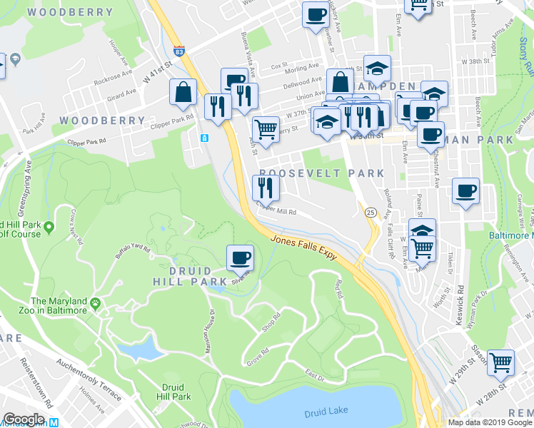 map of restaurants, bars, coffee shops, grocery stores, and more near 1520 Clipper Road in Baltimore
