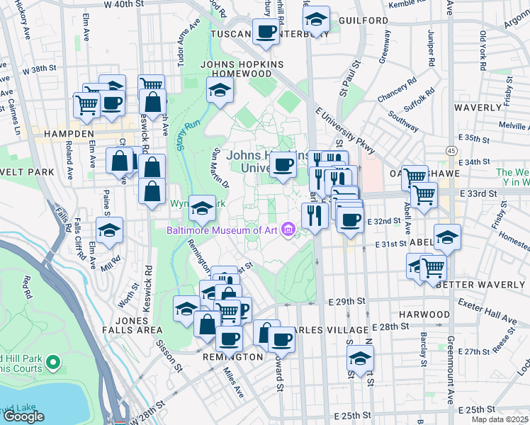 map of restaurants, bars, coffee shops, grocery stores, and more near 3400 North Charles Street in Baltimore