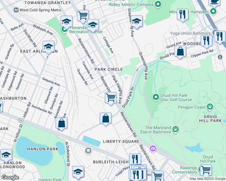 map of restaurants, bars, coffee shops, grocery stores, and more near 3429 Reisterstown Road in Baltimore