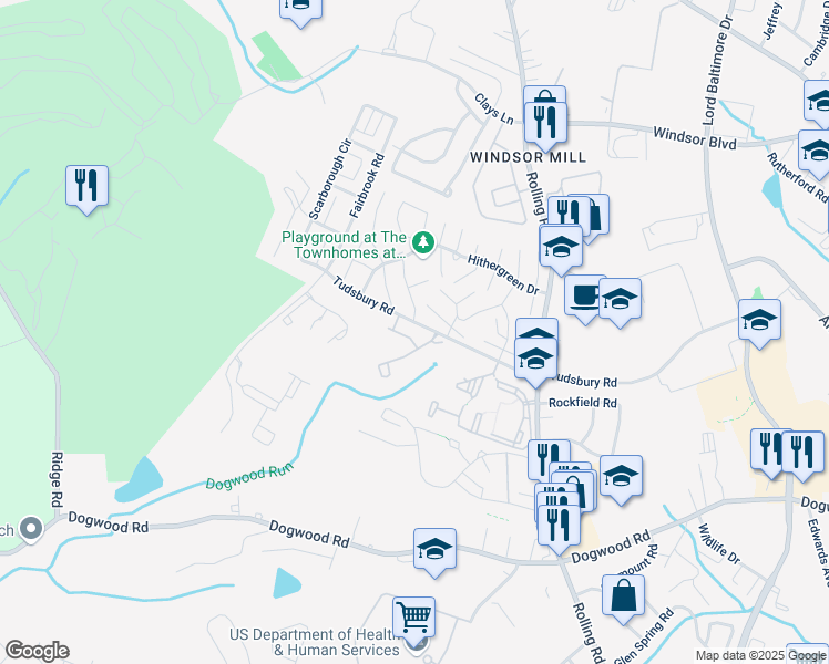 map of restaurants, bars, coffee shops, grocery stores, and more near 7304 Hitchcock Lane in Milford Mill