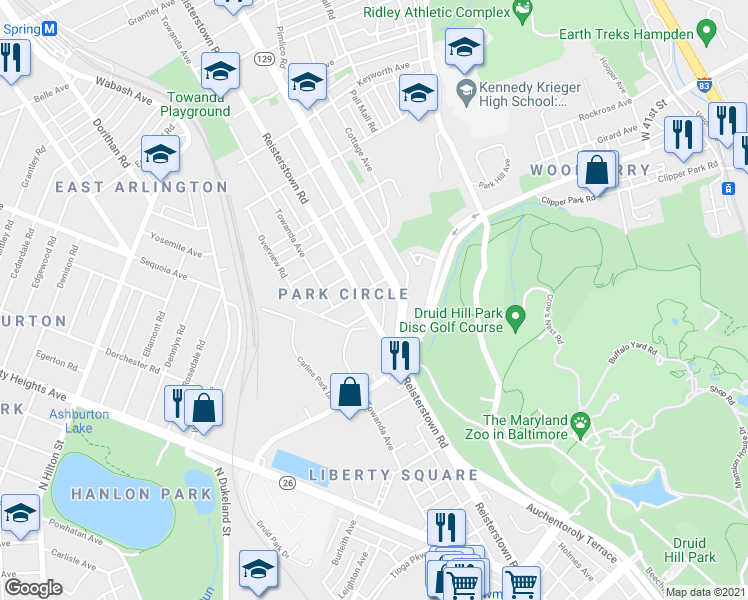 map of restaurants, bars, coffee shops, grocery stores, and more near 3429 Reisterstown Road in Baltimore