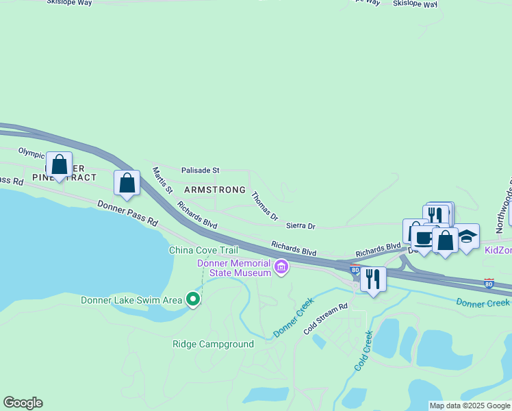 map of restaurants, bars, coffee shops, grocery stores, and more near 12680 Sierra Drive in Truckee