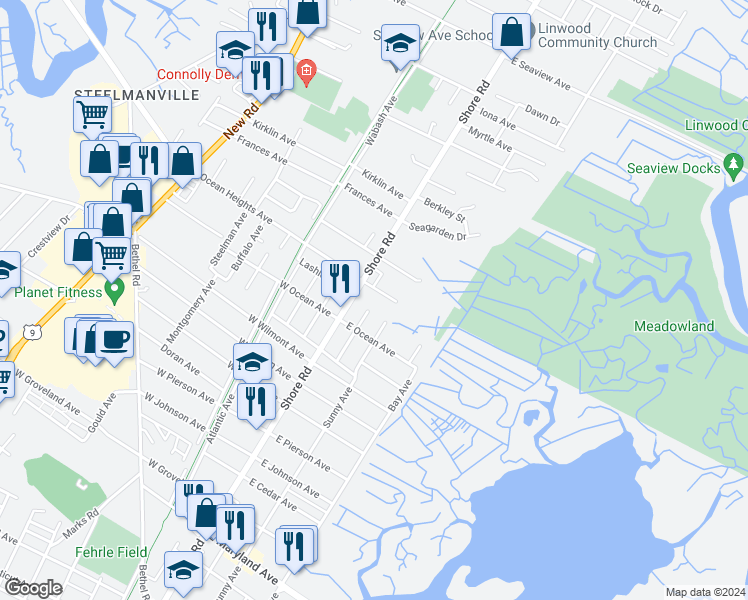 map of restaurants, bars, coffee shops, grocery stores, and more near 19 East Ocean Heights Avenue in Linwood