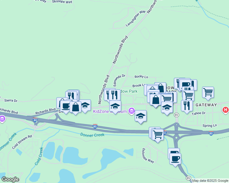 map of restaurants, bars, coffee shops, grocery stores, and more near 10130 Donner Trail Road in Truckee