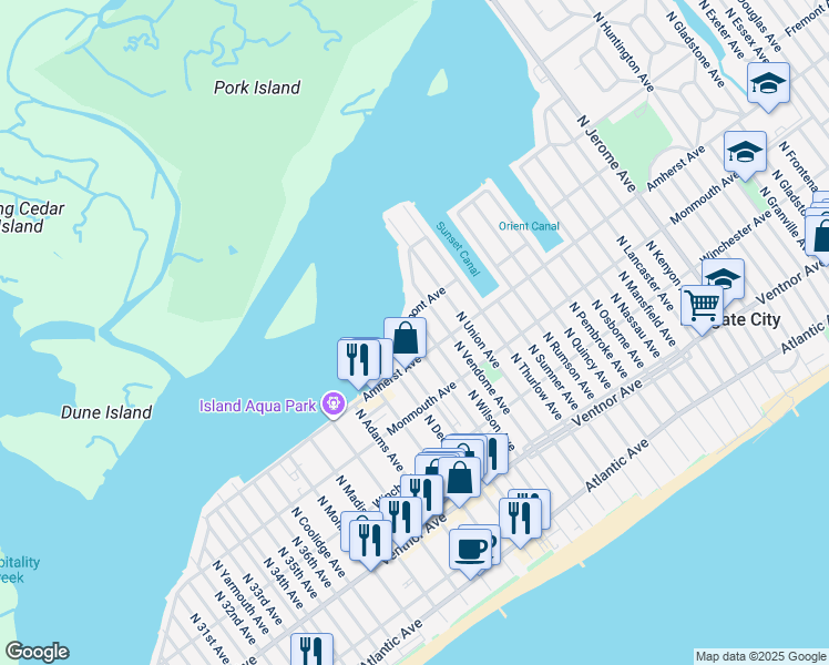 map of restaurants, bars, coffee shops, grocery stores, and more near 303 North Harding Avenue in Margate City