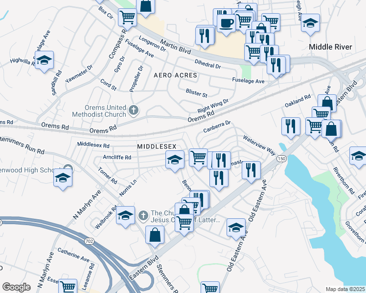 map of restaurants, bars, coffee shops, grocery stores, and more near 232 Orville Road in Essex