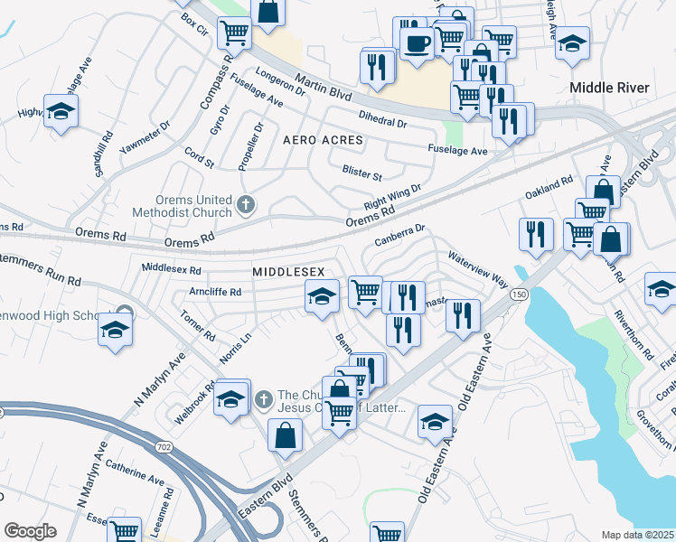 map of restaurants, bars, coffee shops, grocery stores, and more near 232 Orville Road in Essex
