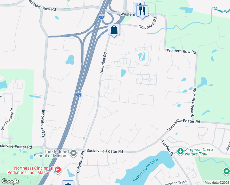 map of restaurants, bars, coffee shops, grocery stores, and more near 3305 Crescent Falls Way in Maineville