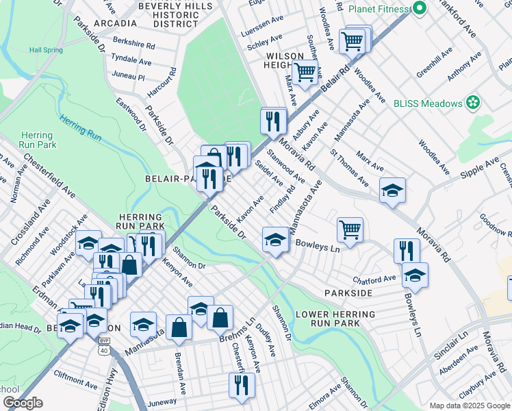 map of restaurants, bars, coffee shops, grocery stores, and more near 4300 Sheldon Avenue in Baltimore