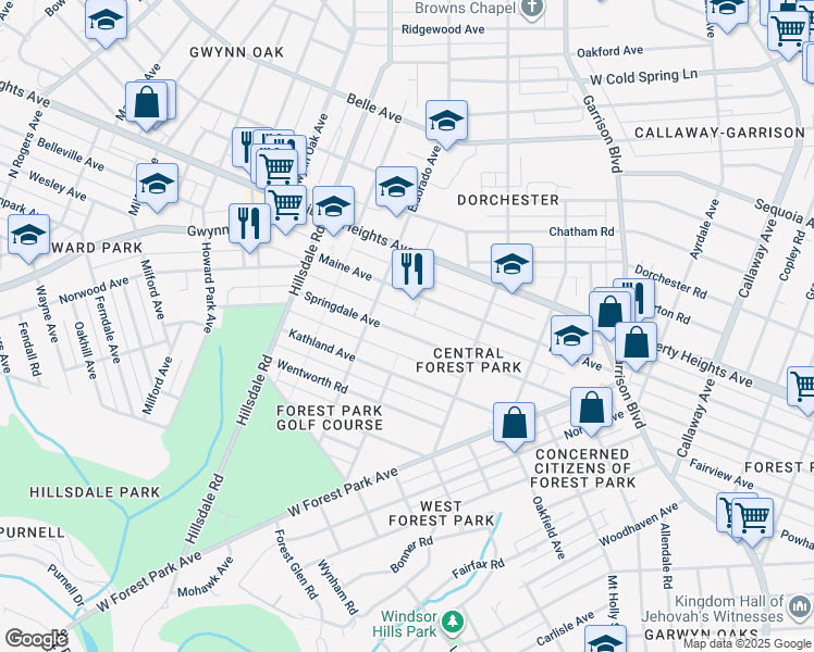 map of restaurants, bars, coffee shops, grocery stores, and more near 4300 Springdale Avenue in Baltimore