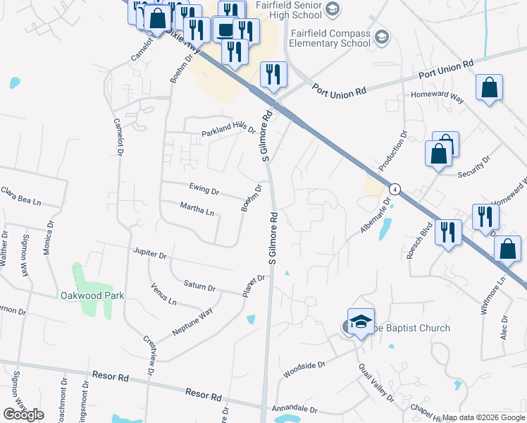 map of restaurants, bars, coffee shops, grocery stores, and more near 5409 South Gilmore Road in Fairfield