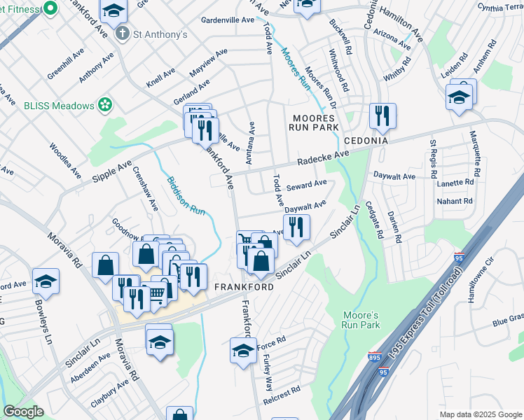 map of restaurants, bars, coffee shops, grocery stores, and more near 5412 Daywalt Avenue in Baltimore