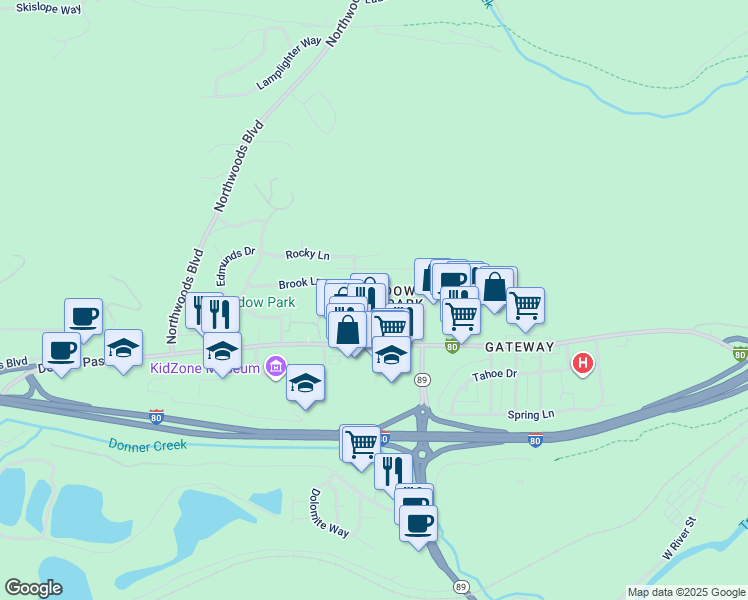map of restaurants, bars, coffee shops, grocery stores, and more near 11410 Forest Lane in Truckee