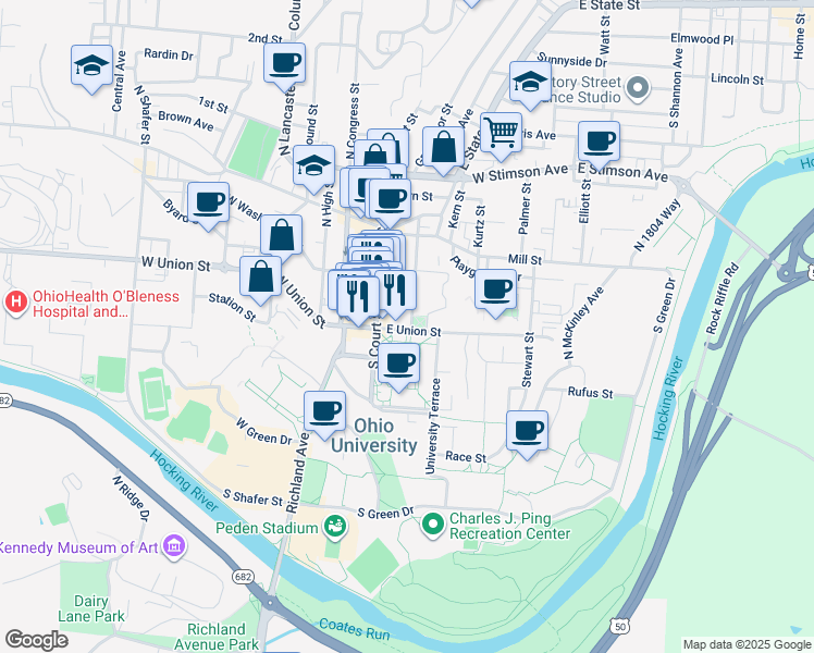 map of restaurants, bars, coffee shops, grocery stores, and more near 47 East Union Street in Athens