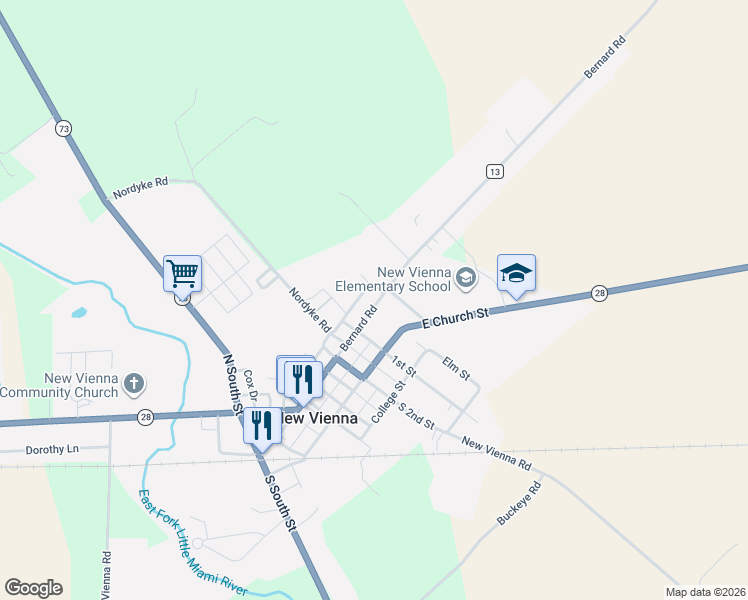 map of restaurants, bars, coffee shops, grocery stores, and more near 148 Bernard Road in New Vienna
