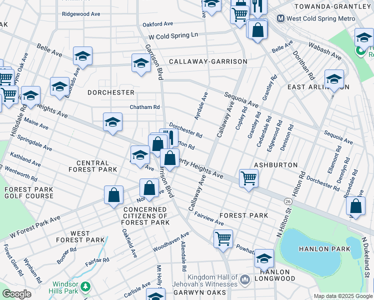 map of restaurants, bars, coffee shops, grocery stores, and more near 3711 Egerton Road in Baltimore