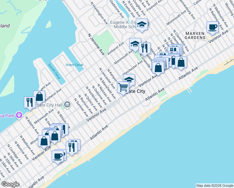 map of restaurants, bars, coffee shops, grocery stores, and more near 8512 South Ventnor Avenue in Margate City