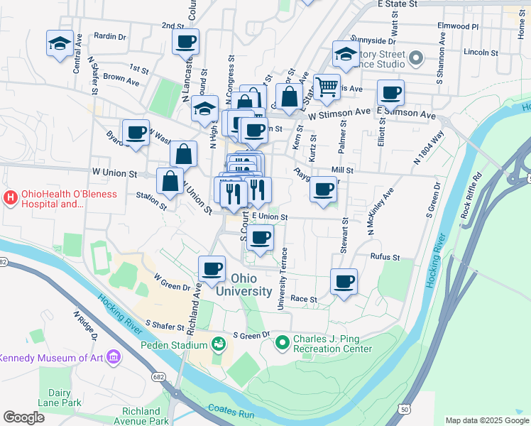 map of restaurants, bars, coffee shops, grocery stores, and more near 20 West Union Street in Athens