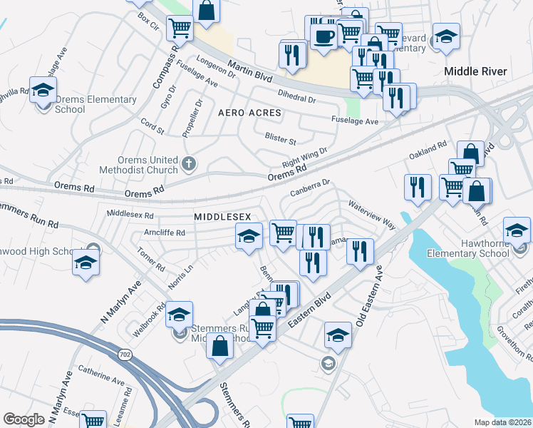 map of restaurants, bars, coffee shops, grocery stores, and more near 253 Orville Road in Essex