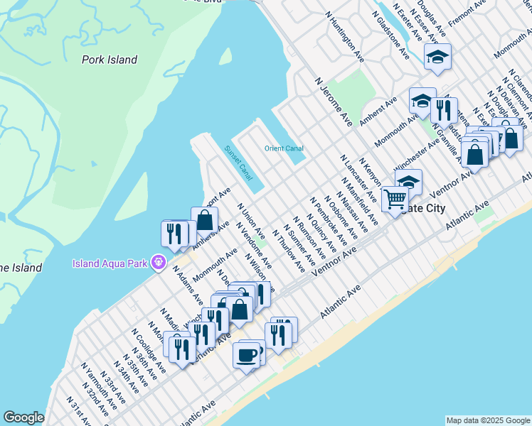 map of restaurants, bars, coffee shops, grocery stores, and more near 207 North Thurlow Avenue in Margate City