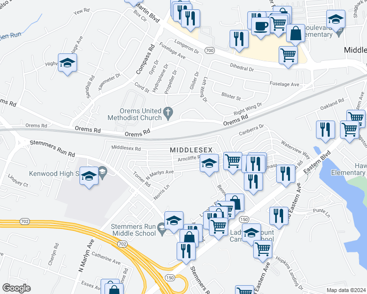 map of restaurants, bars, coffee shops, grocery stores, and more near 952 Middlesex Road in Essex