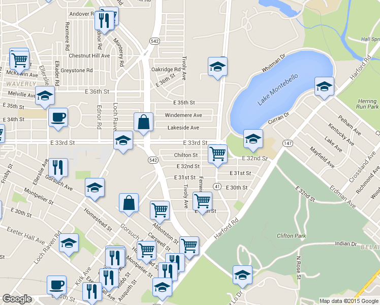 map of restaurants, bars, coffee shops, grocery stores, and more near 1708 Chilton Street in Baltimore