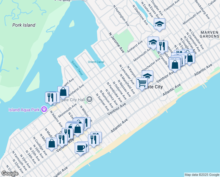 map of restaurants, bars, coffee shops, grocery stores, and more near 102 North Quincy Avenue in Margate City