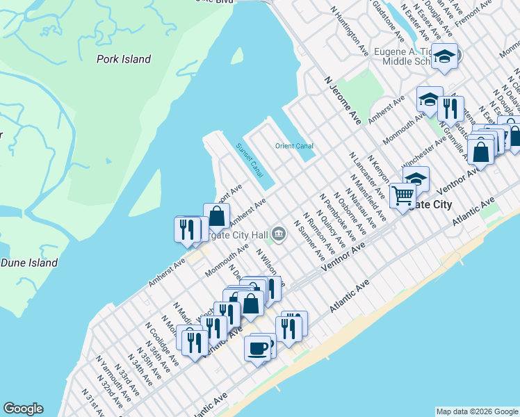 map of restaurants, bars, coffee shops, grocery stores, and more near 216 North Vendome Avenue in Margate City