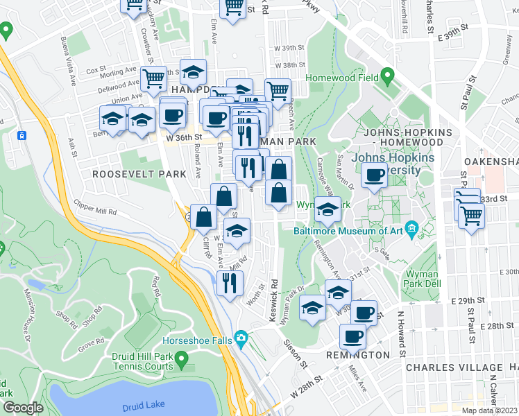 map of restaurants, bars, coffee shops, grocery stores, and more near 3321 Chestnut Avenue in Baltimore