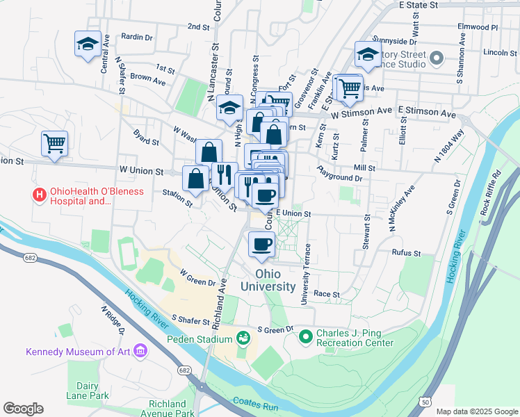 map of restaurants, bars, coffee shops, grocery stores, and more near 1 President Street in Athens