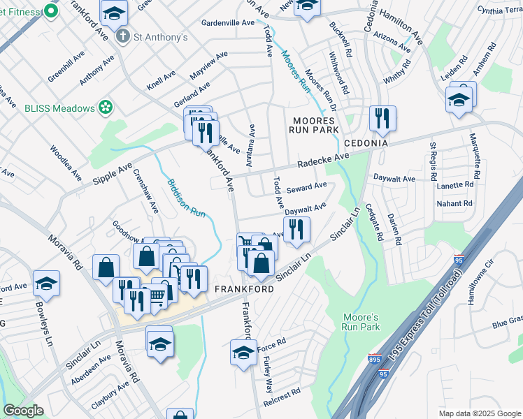 map of restaurants, bars, coffee shops, grocery stores, and more near 5412 Daywalt Ave in Baltimore
