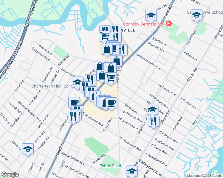 map of restaurants, bars, coffee shops, grocery stores, and more near 236-272 Bethel Road in Somers Point