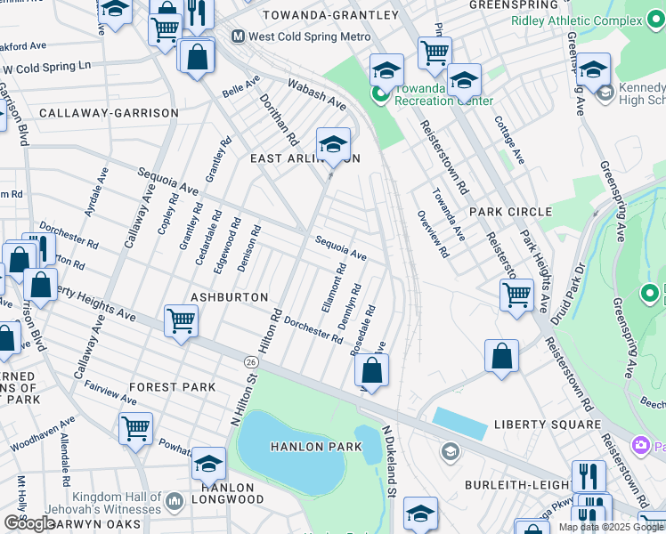 map of restaurants, bars, coffee shops, grocery stores, and more near 3202 Barrington Road in Baltimore