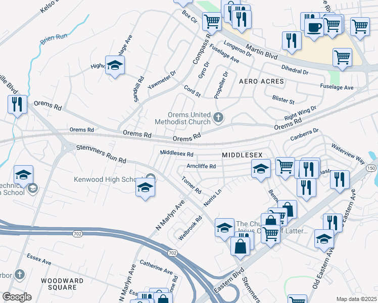 map of restaurants, bars, coffee shops, grocery stores, and more near 724 Middlesex Road in Essex
