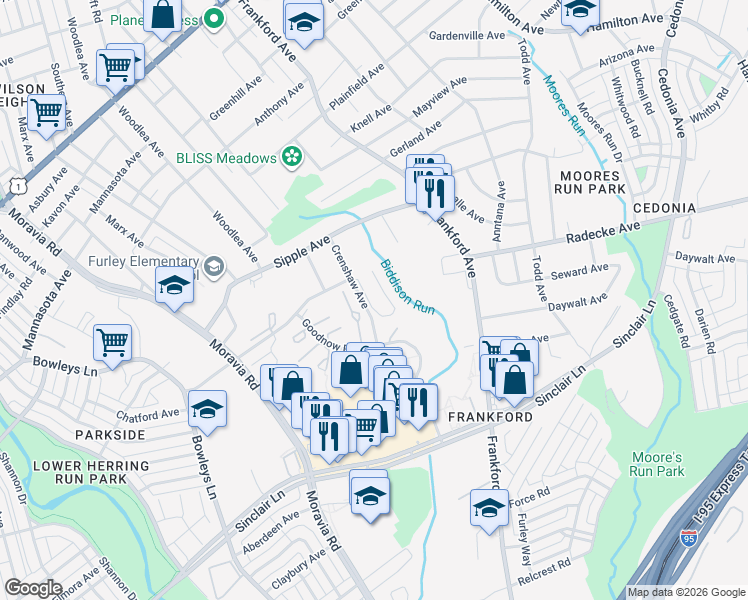 map of restaurants, bars, coffee shops, grocery stores, and more near 4908 Crenshaw Avenue in Baltimore
