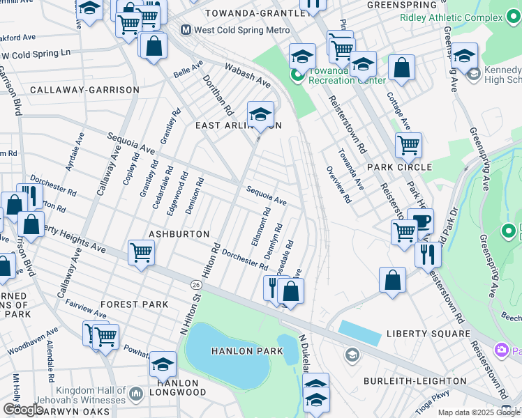 map of restaurants, bars, coffee shops, grocery stores, and more near 3202 Barrington Road in Baltimore