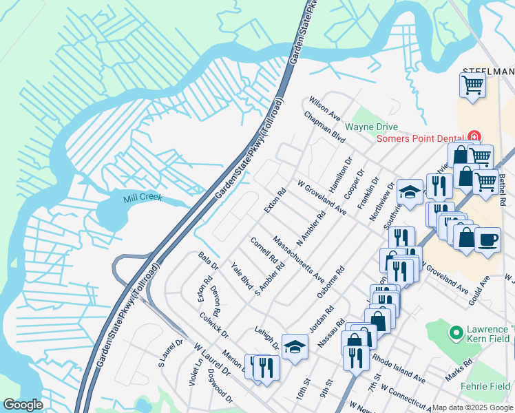 map of restaurants, bars, coffee shops, grocery stores, and more near 25 Bucknell Road in Somers Point